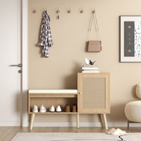 Natural Rattan Shoe Storage Bench With Adjustable Shelves And Removable Cushion For Modern Entryway Organization