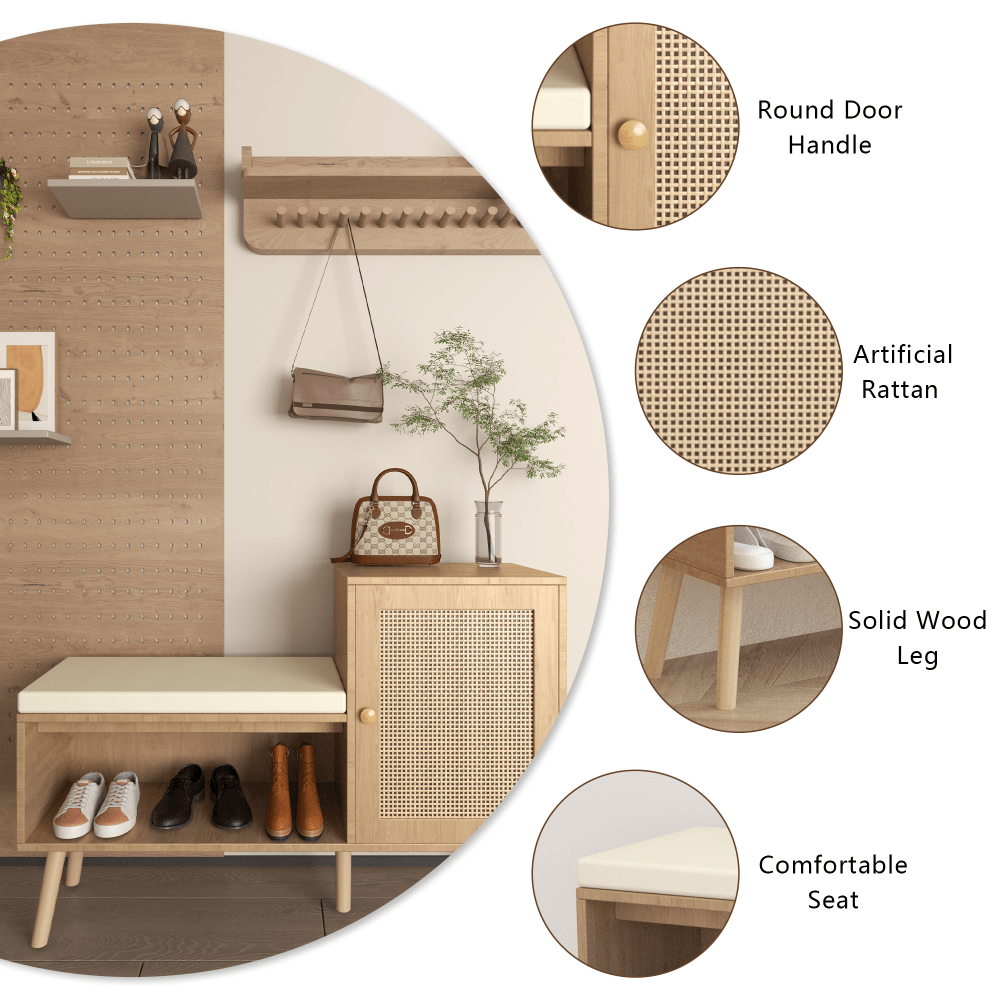 Natural Rattan Shoe Storage Bench With Adjustable Shelves And Removable Cushion For Modern Entryway Organization