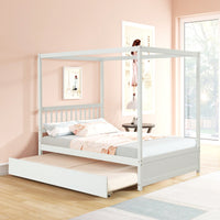 Full Size White Canopy Bed With Twin Trundle Solid Wood Frame And Headboard No Box Spring Required For Kids