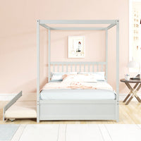 Full Size White Canopy Bed With Twin Trundle Solid Wood Frame And Headboard No Box Spring Required For Kids