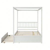 Full Size White Canopy Bed With Twin Trundle Solid Wood Frame And Headboard No Box Spring Required For Kids