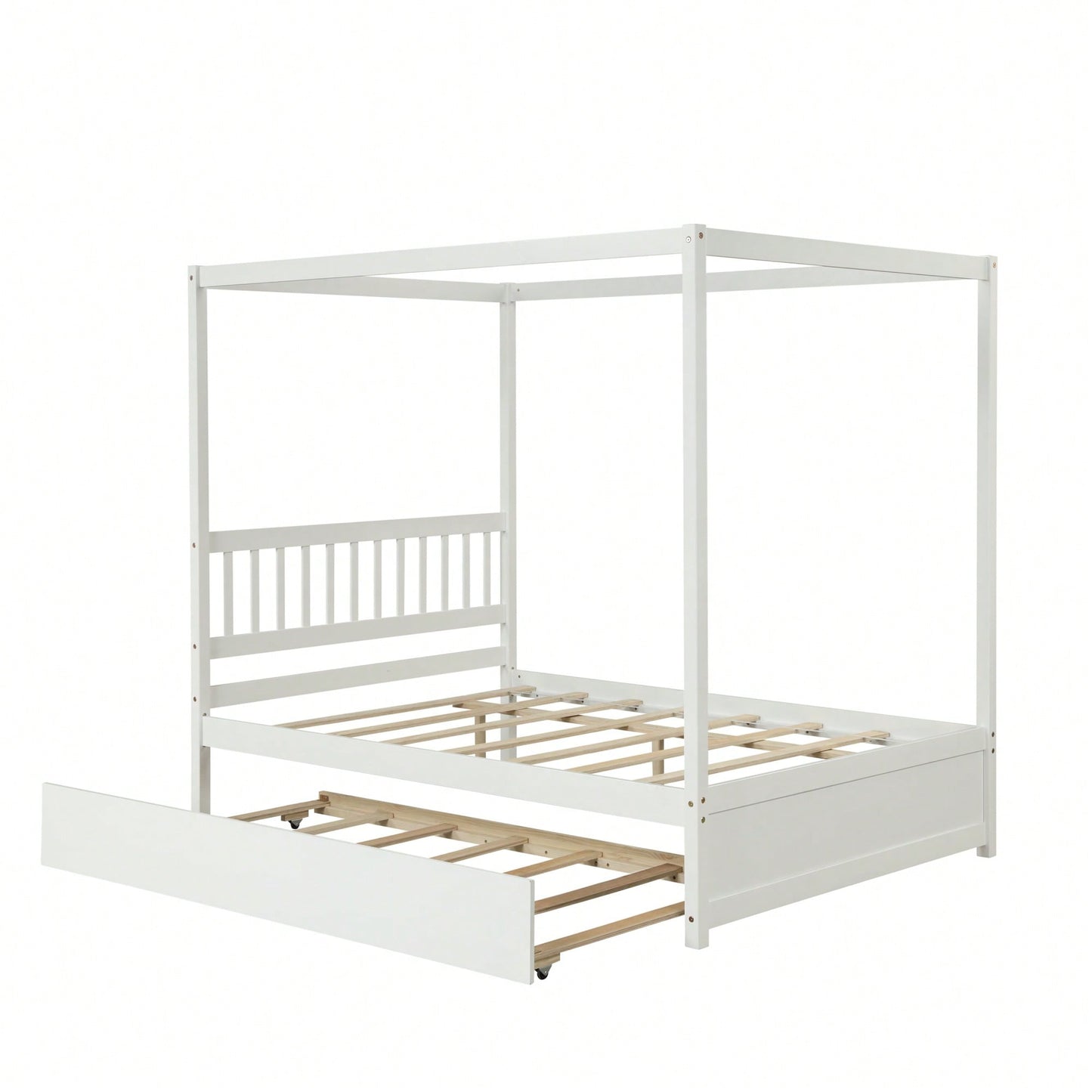 Full Size White Canopy Bed With Twin Trundle Solid Wood Frame And Headboard No Box Spring Required For Kids