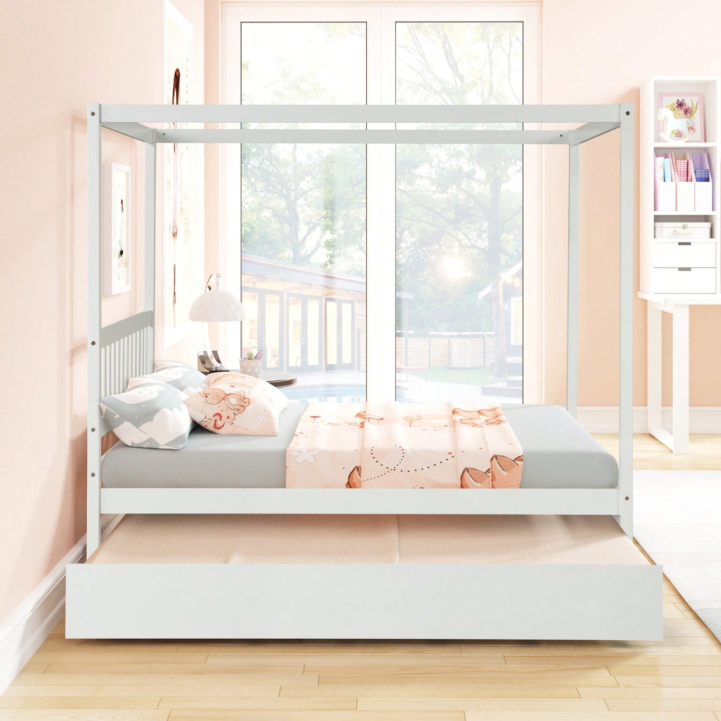 Full Size White Canopy Bed With Twin Trundle Solid Wood Frame And Headboard No Box Spring Required For Kids