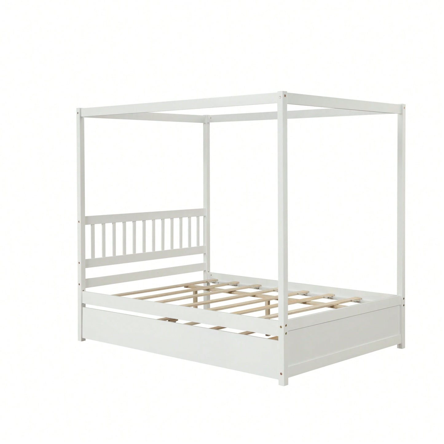 Full Size White Canopy Bed With Twin Trundle Solid Wood Frame And Headboard No Box Spring Required For Kids