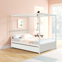 Full Size White Canopy Bed With Twin Trundle Solid Wood Frame And Headboard No Box Spring Required For Kids