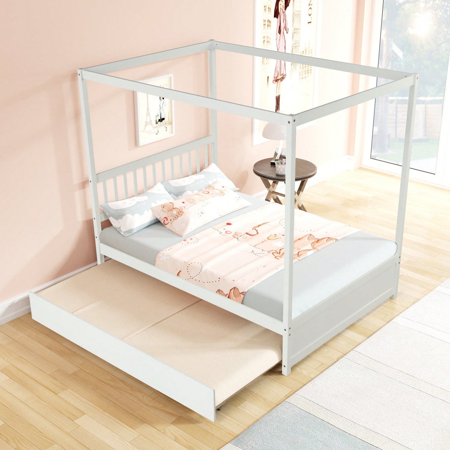 Full Size White Canopy Bed With Twin Trundle Solid Wood Frame And Headboard No Box Spring Required For Kids