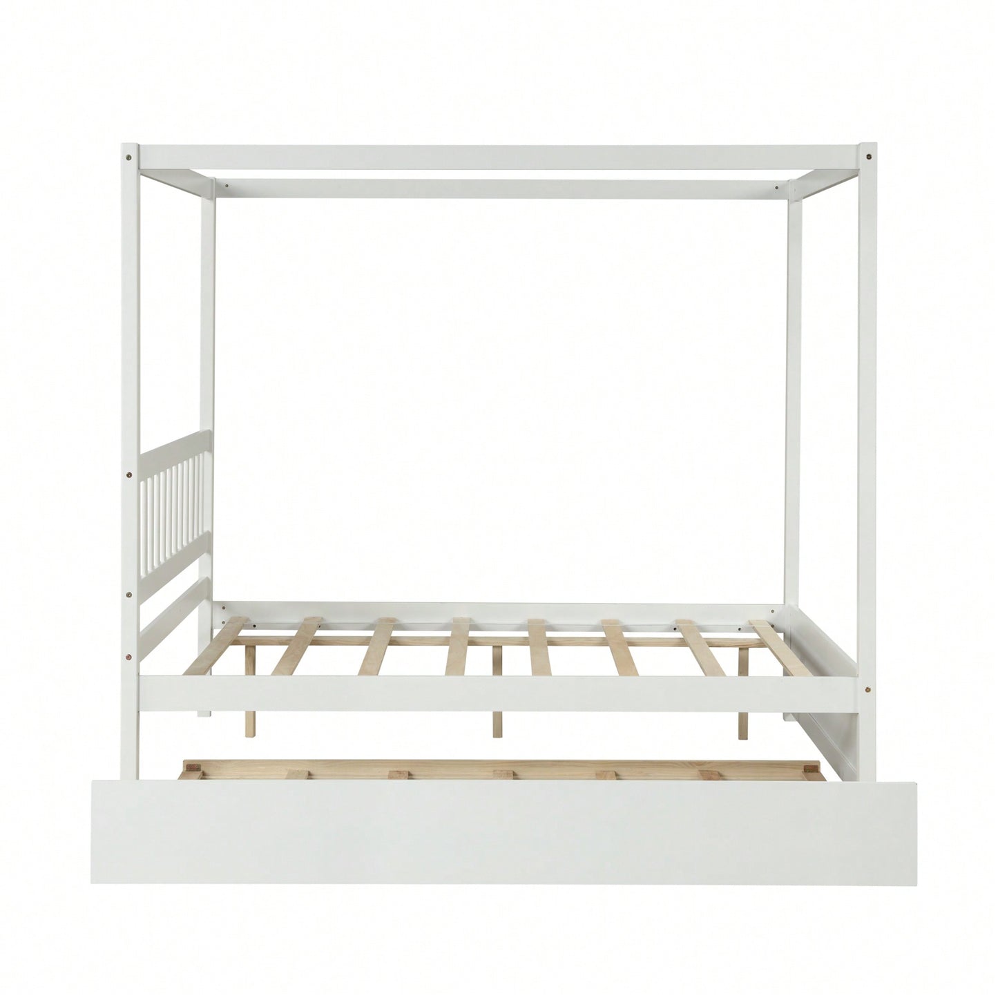 Full Size White Canopy Bed With Twin Trundle Solid Wood Frame And Headboard No Box Spring Required For Kids