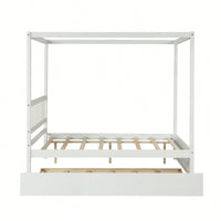 Full Size White Canopy Bed With Twin Trundle Solid Wood Frame And Headboard No Box Spring Required For Kids