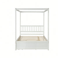 Full Size White Canopy Bed With Twin Trundle Solid Wood Frame And Headboard No Box Spring Required For Kids