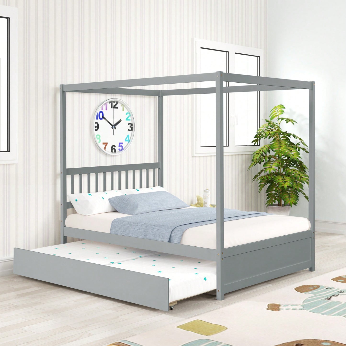 Full Size White Canopy Bed With Twin Trundle Solid Wood Frame And Headboard No Box Spring Required For Kids