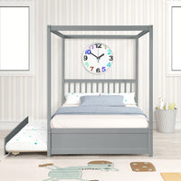 Full Size White Canopy Bed With Twin Trundle Solid Wood Frame And Headboard No Box Spring Required For Kids