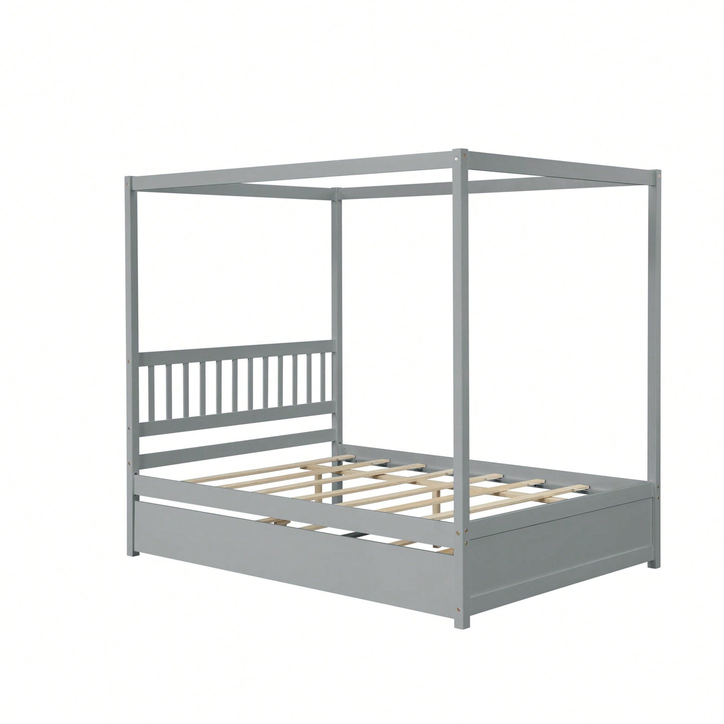 Full Size White Canopy Bed With Twin Trundle Solid Wood Frame And Headboard No Box Spring Required For Kids