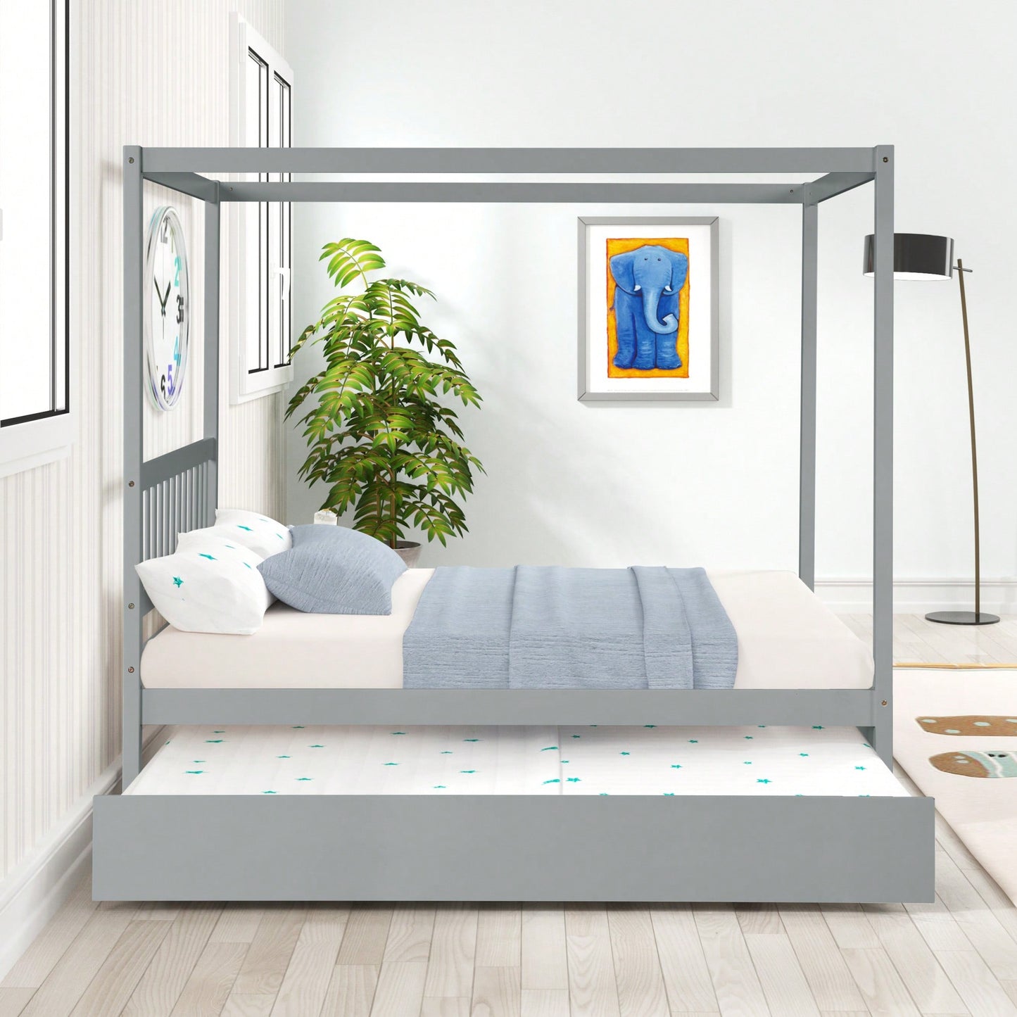 Full Size White Canopy Bed With Twin Trundle Solid Wood Frame And Headboard No Box Spring Required For Kids