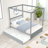 Full Size White Canopy Bed With Twin Trundle Solid Wood Frame And Headboard No Box Spring Required For Kids