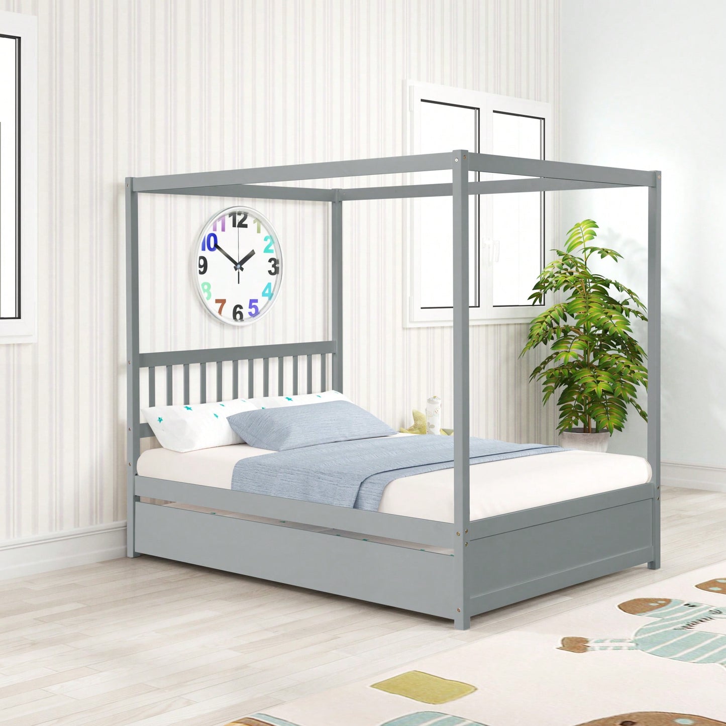 Full Size White Canopy Bed With Twin Trundle Solid Wood Frame And Headboard No Box Spring Required For Kids