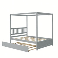 Full Size White Canopy Bed With Twin Trundle Solid Wood Frame And Headboard No Box Spring Required For Kids