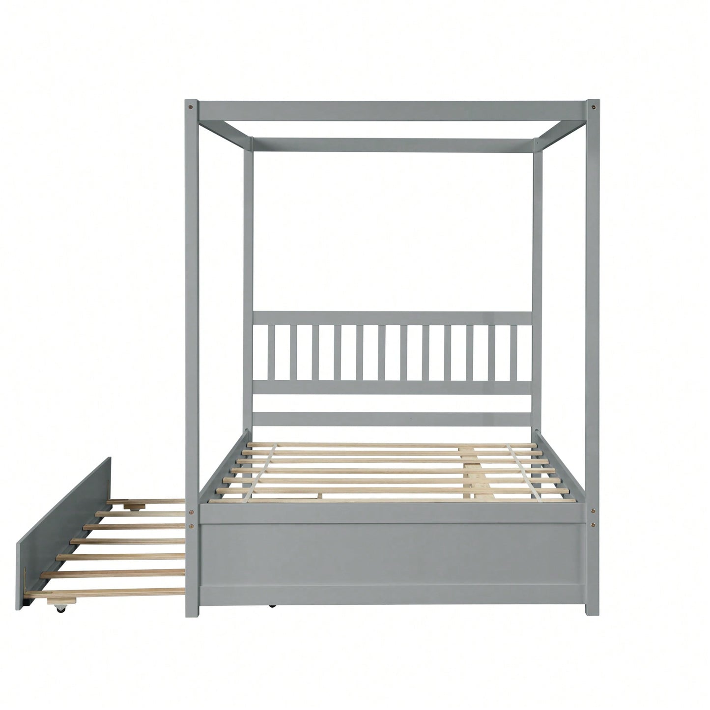 Full Size White Canopy Bed With Twin Trundle Solid Wood Frame And Headboard No Box Spring Required For Kids