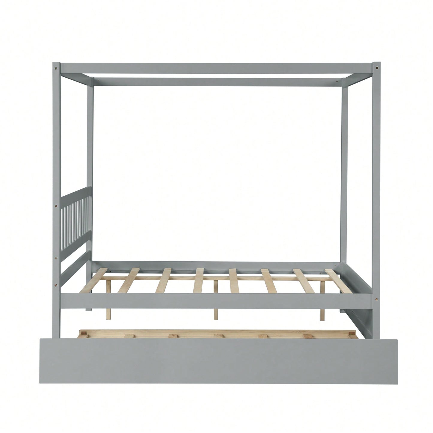 Full Size White Canopy Bed With Twin Trundle Solid Wood Frame And Headboard No Box Spring Required For Kids