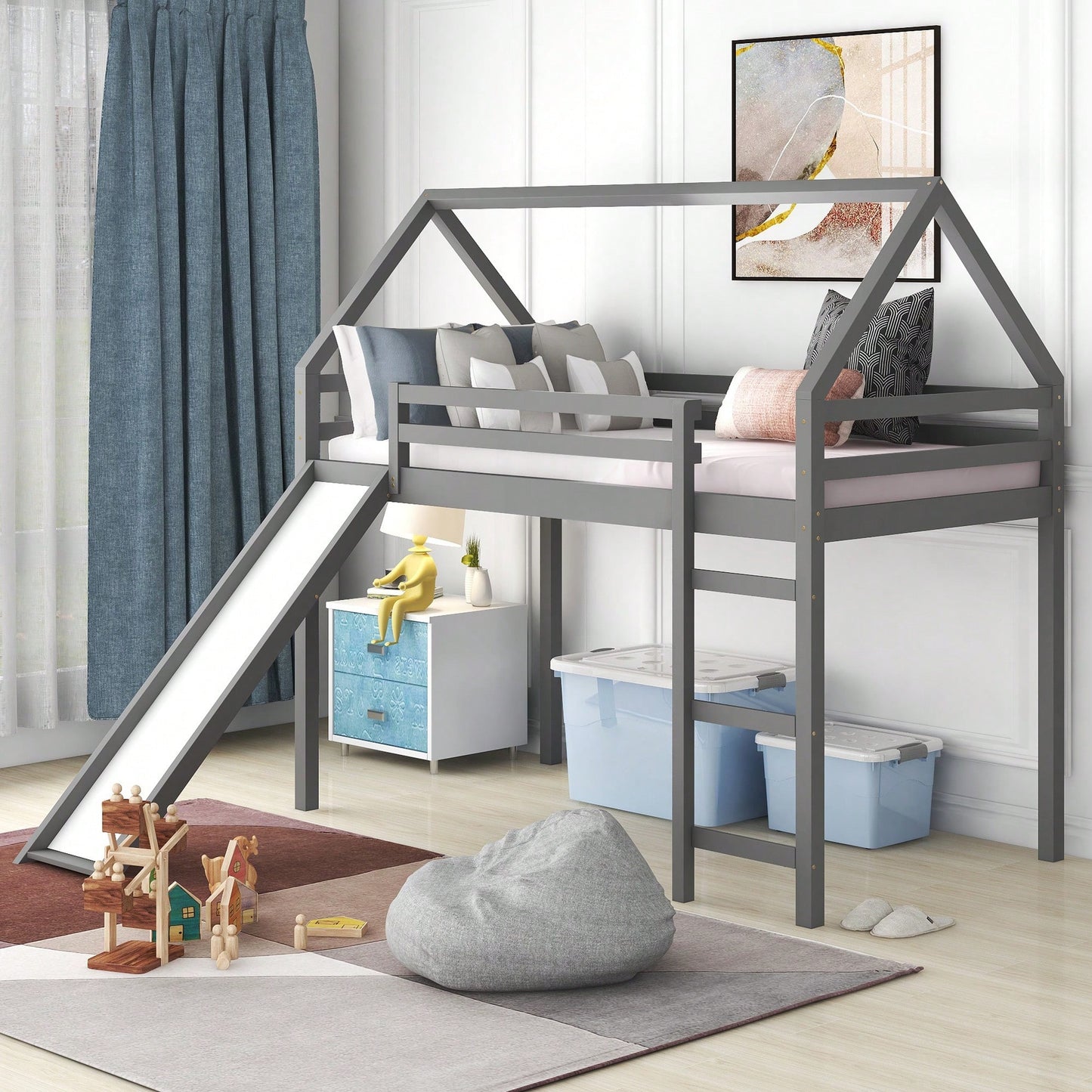 Twin Size Loft Bed With Slide And House Design White