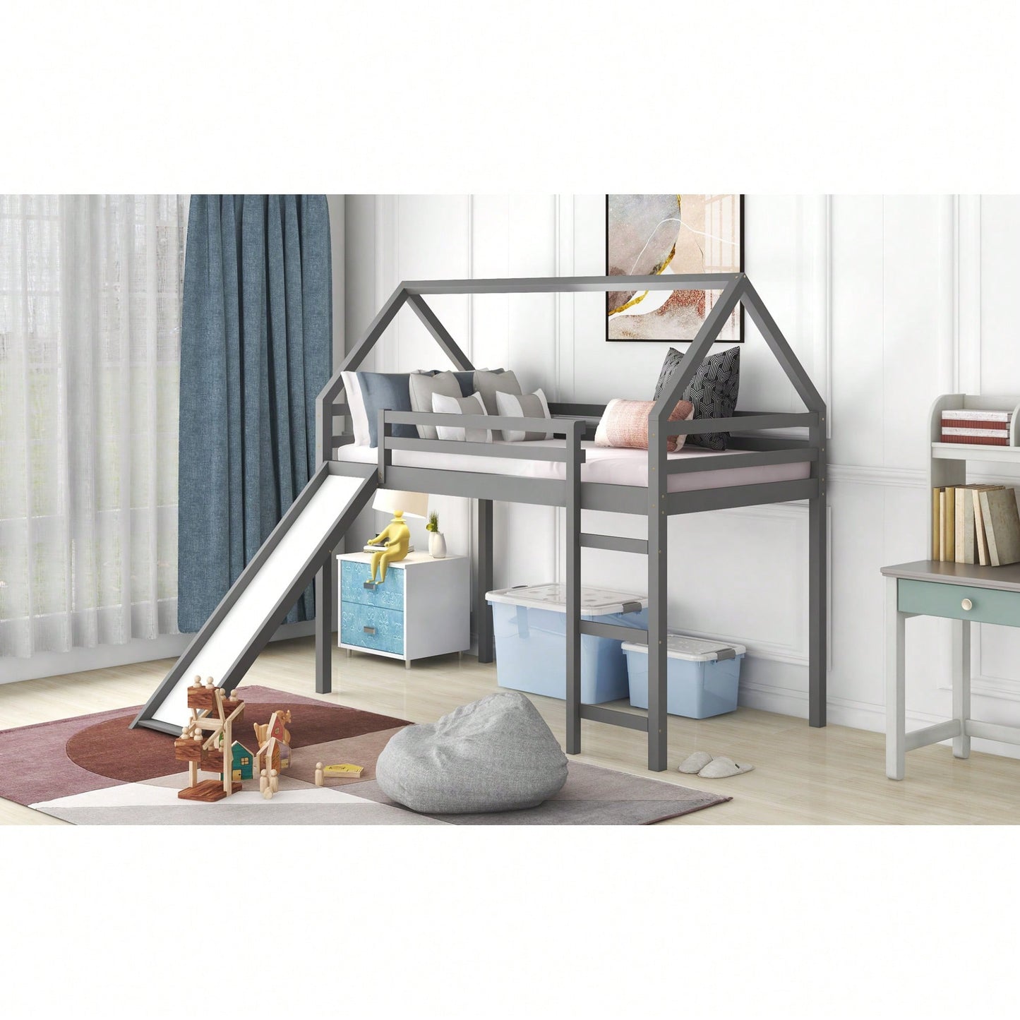 Twin Size Loft Bed With Slide And House Design White