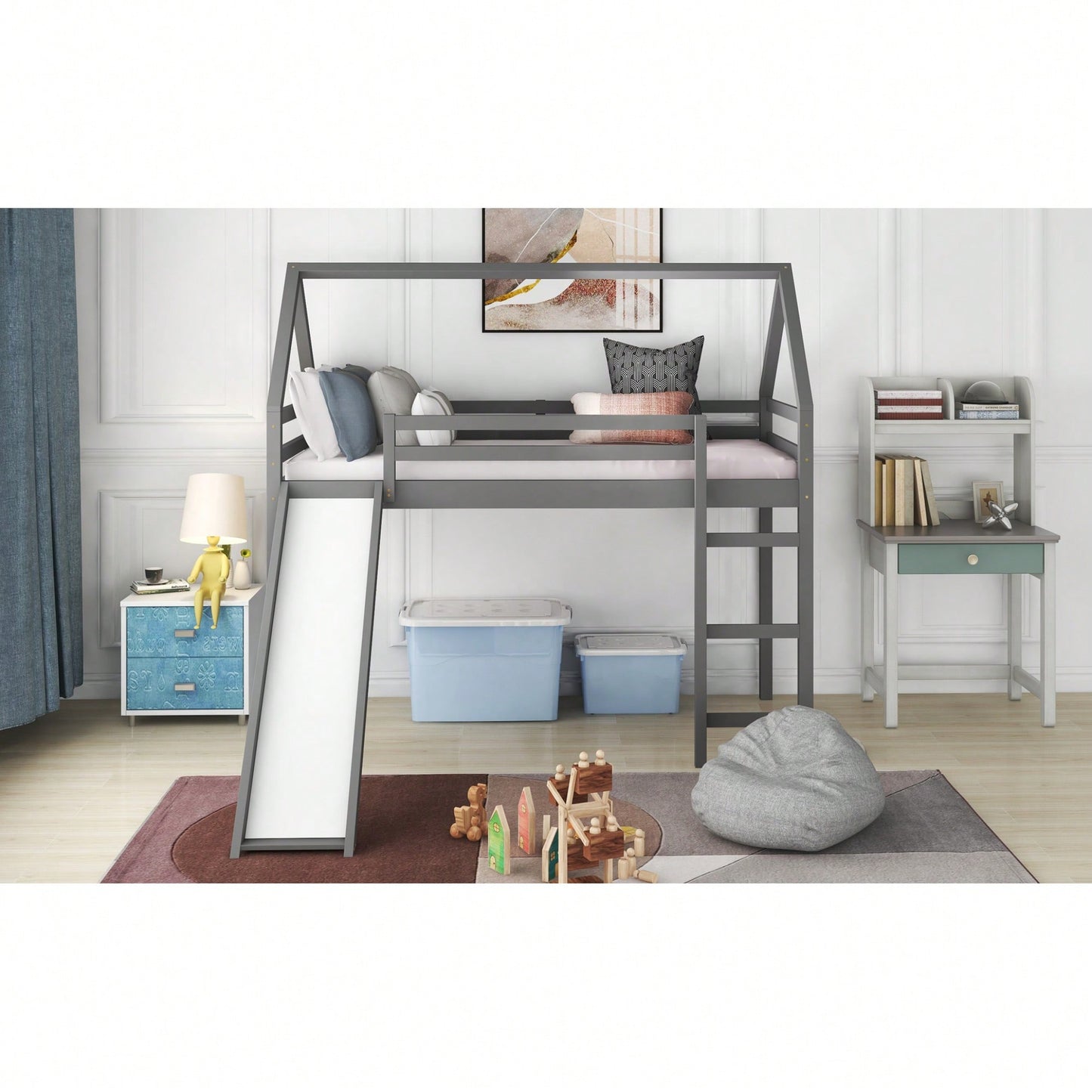 Twin Size Loft Bed With Slide And House Design White