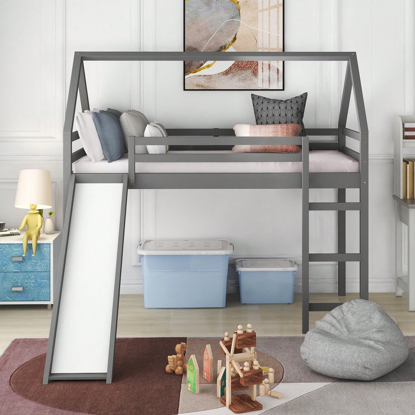 Twin Size Loft Bed With Slide And House Design White