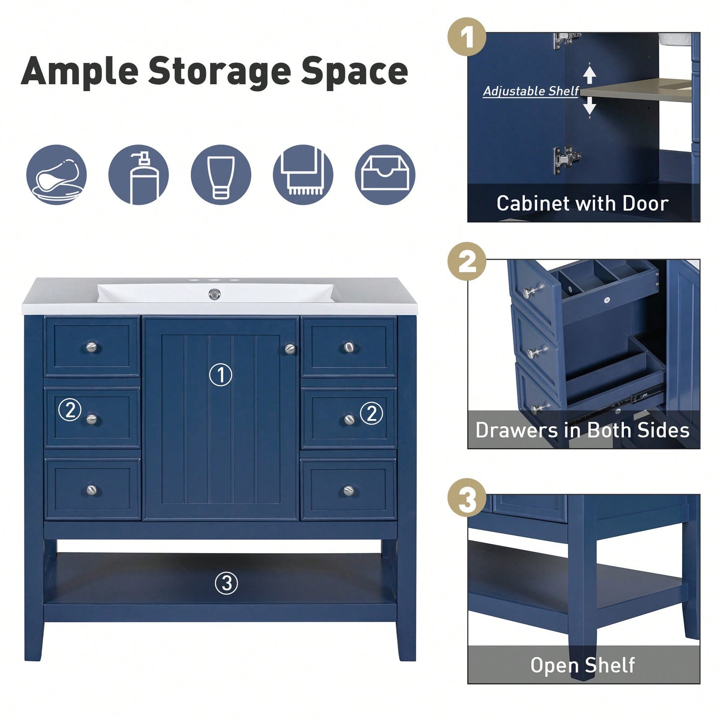 36 Inch Blue Bathroom Vanity Cabinet Base With One Cabinet And Three Drawers