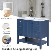 36 Inch Blue Bathroom Vanity Cabinet Base With One Cabinet And Three Drawers