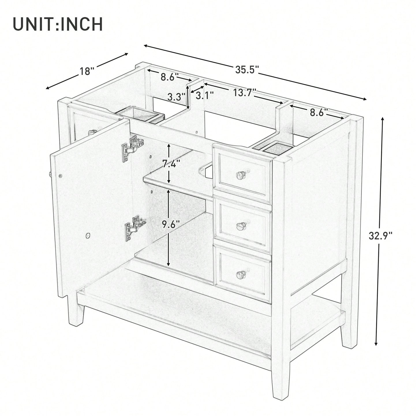 36 Inch Blue Bathroom Vanity Cabinet Base With One Cabinet And Three Drawers