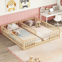 Double Twin Floor Bed With Safety Guardrails And Fence Design In Grey