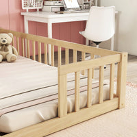 Double Twin Floor Bed With Safety Guardrails And Fence Design In Grey