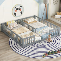 Double Twin Floor Bed With Safety Guardrails And Fence Design In Grey