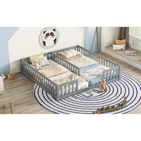 Double Twin Floor Bed With Safety Guardrails And Fence Design In Grey