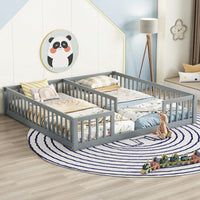 Double Twin Floor Bed With Safety Guardrails And Fence Design In Grey