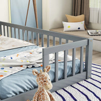 Double Twin Floor Bed With Safety Guardrails And Fence Design In Grey