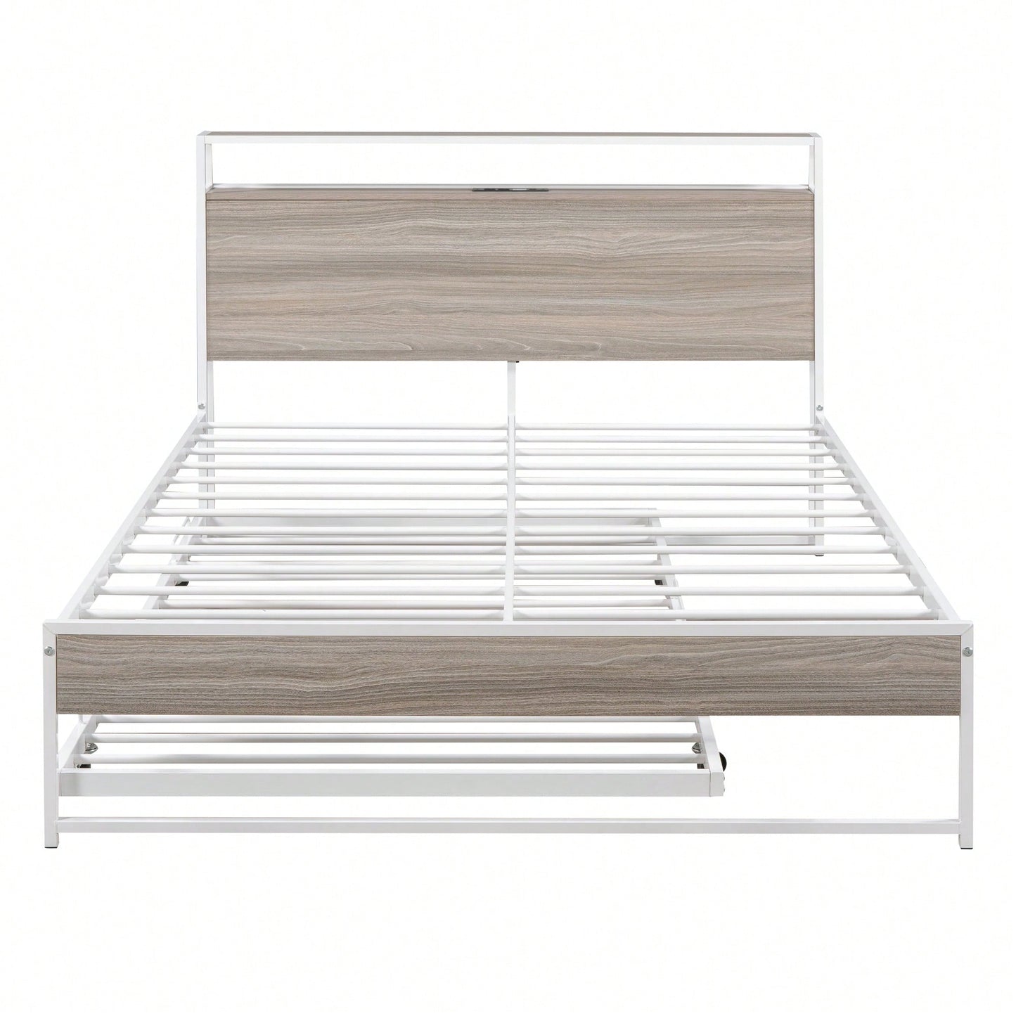 Full Size Metal Bed Frame With Trundle USB Ports And Slat Support No Box Spring Required Black