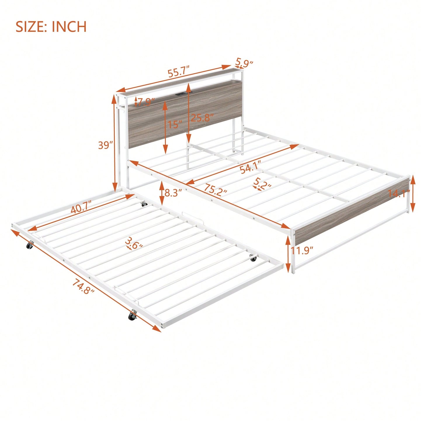 Full Size Metal Bed Frame With Trundle USB Ports And Slat Support No Box Spring Required Black