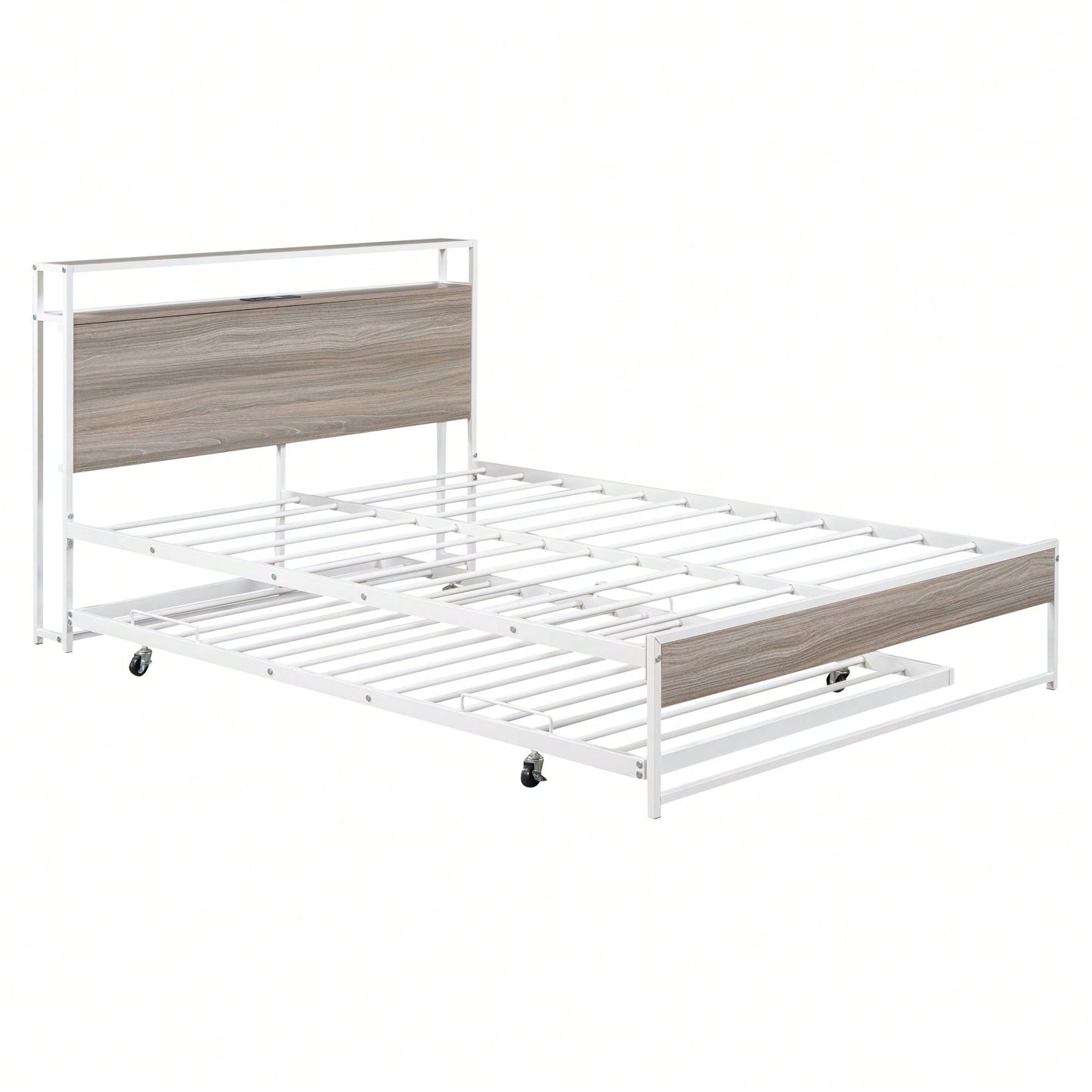 Full Size Metal Bed Frame With Trundle USB Ports And Slat Support No Box Spring Required Black