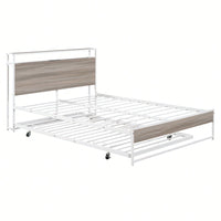 Full Size Metal Bed Frame With Trundle USB Ports And Slat Support No Box Spring Required Black