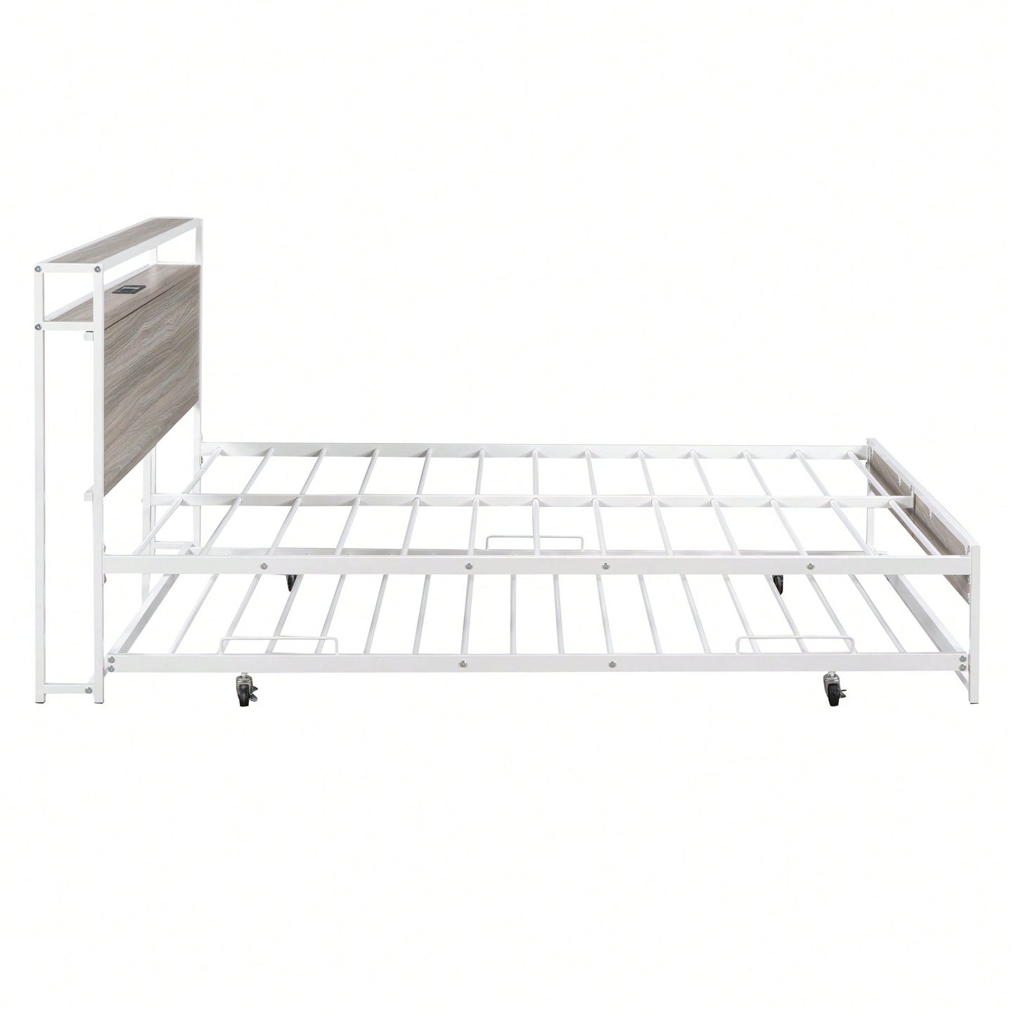 Full Size Metal Bed Frame With Trundle USB Ports And Slat Support No Box Spring Required Black