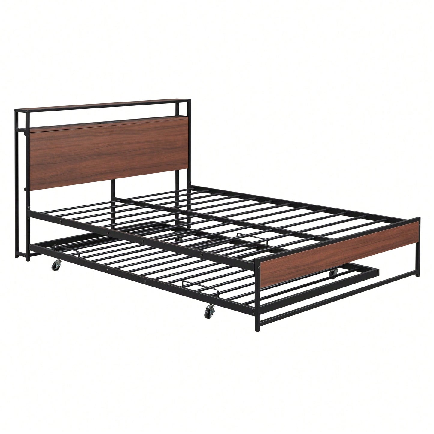 Full Size Metal Bed Frame With Trundle USB Ports And Slat Support No Box Spring Required Black