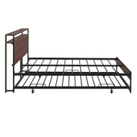 Full Size Metal Bed Frame With Trundle USB Ports And Slat Support No Box Spring Required Black