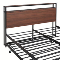 Full Size Metal Bed Frame With Trundle USB Ports And Slat Support No Box Spring Required Black