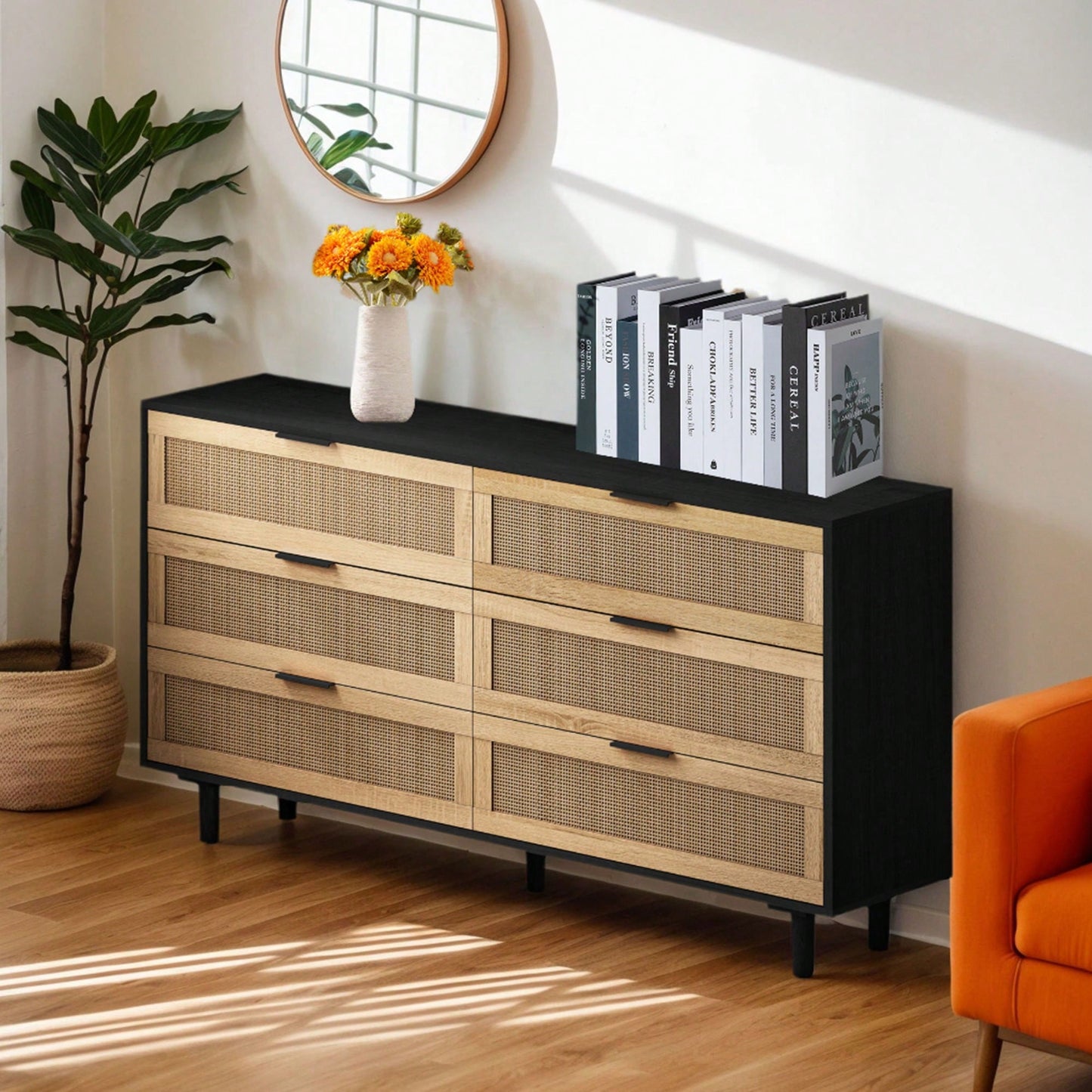 6-Drawer Rattan Storage Cabinet For Bedroom And Living Room Natural Finish