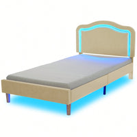 Twin Size Velvet Upholstered LED Bed Frame With Adjustable Headboard Easy Assembly No Box Spring Required Beige