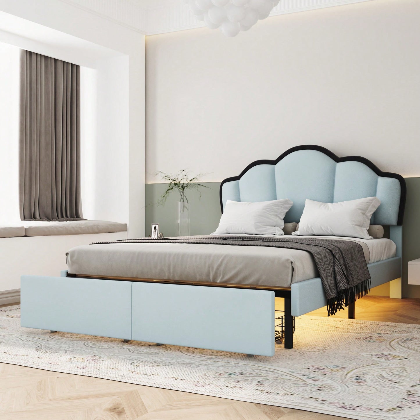 Full Size Upholstered Princess Platform Bed With LED Lights And Dual Storage Drawers In Blue