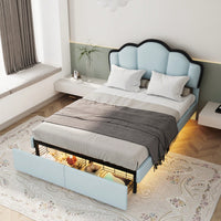 Full Size Upholstered Princess Platform Bed With LED Lights And Dual Storage Drawers In Blue