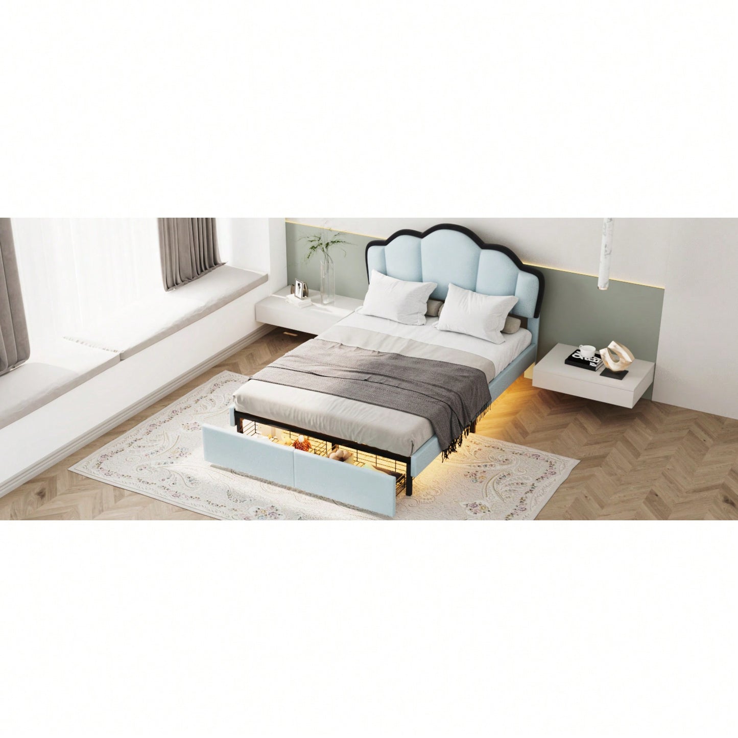 Full Size Upholstered Princess Platform Bed With LED Lights And Dual Storage Drawers In Blue