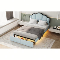 Full Size Upholstered Princess Platform Bed With LED Lights And Dual Storage Drawers In Blue