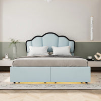 Full Size Upholstered Princess Platform Bed With LED Lights And Dual Storage Drawers In Blue